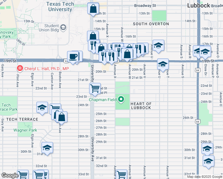 map of restaurants, bars, coffee shops, grocery stores, and more near 2409 22nd Street in Lubbock