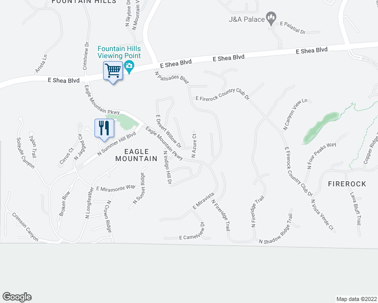 map of restaurants, bars, coffee shops, grocery stores, and more near 15111 East Desert Willow Drive in Fountain Hills