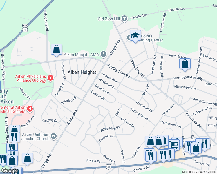 map of restaurants, bars, coffee shops, grocery stores, and more near 3511 Westmont Drive in Aiken