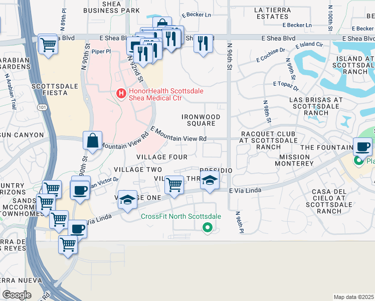 map of restaurants, bars, coffee shops, grocery stores, and more near 9735 North 94th Place in Scottsdale