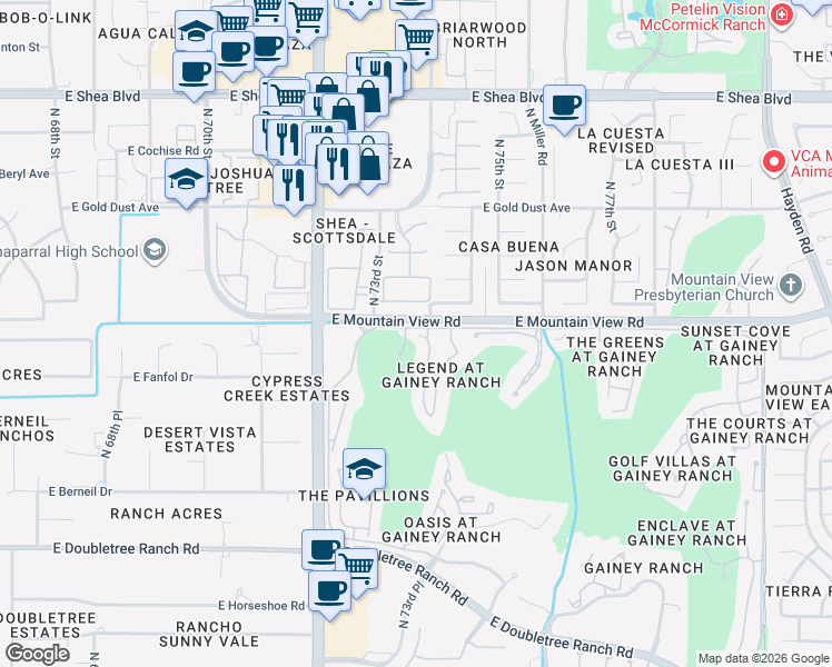 map of restaurants, bars, coffee shops, grocery stores, and more near 7375 East Gainey Ranch Road in Scottsdale