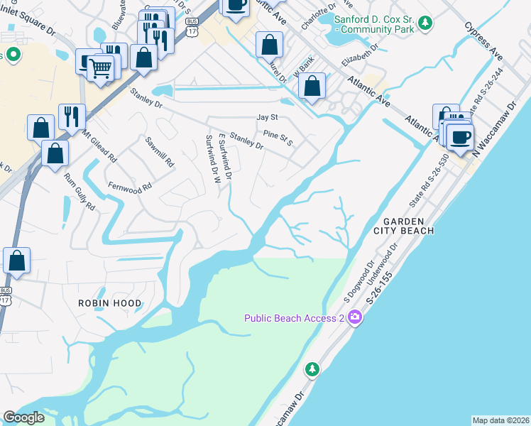 map of restaurants, bars, coffee shops, grocery stores, and more near 5 Mount Gilead Road in Murrells Inlet