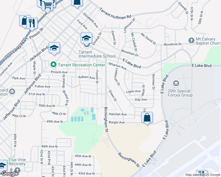 map of restaurants, bars, coffee shops, grocery stores, and more near 1103 Green Street in Birmingham