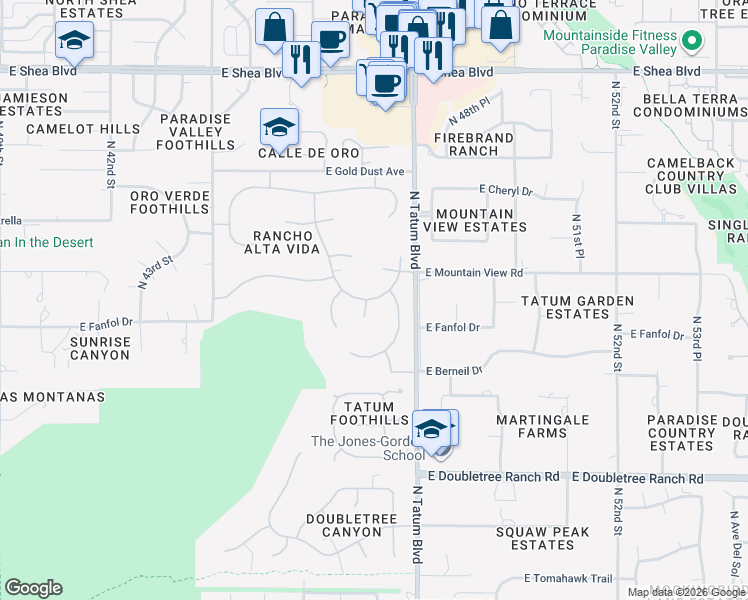 map of restaurants, bars, coffee shops, grocery stores, and more near 4625 East Mountain View Road in Phoenix