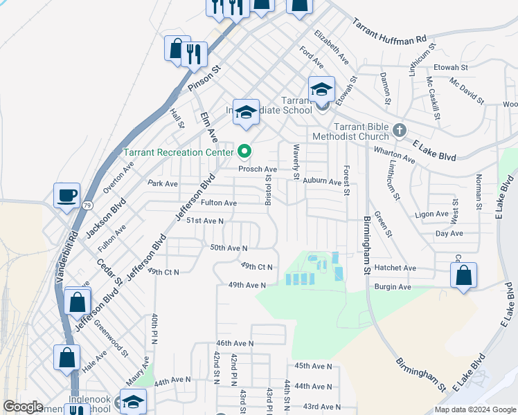 map of restaurants, bars, coffee shops, grocery stores, and more near 1393 Fulton Avenue in Birmingham