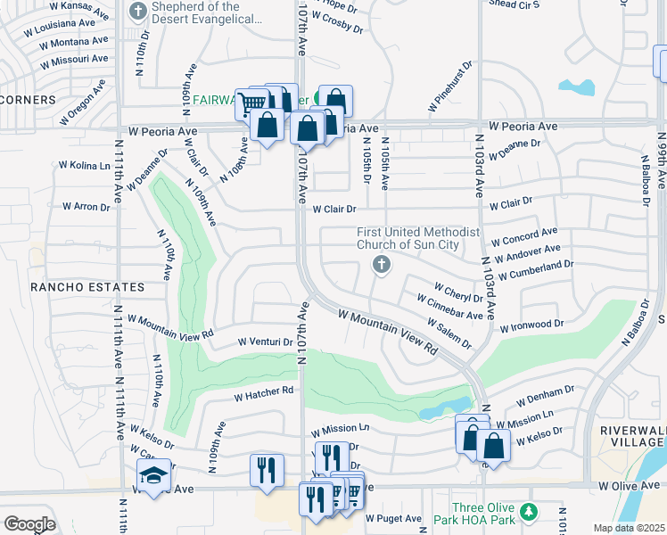 map of restaurants, bars, coffee shops, grocery stores, and more near 10601 West Cheryl Drive in Sun City