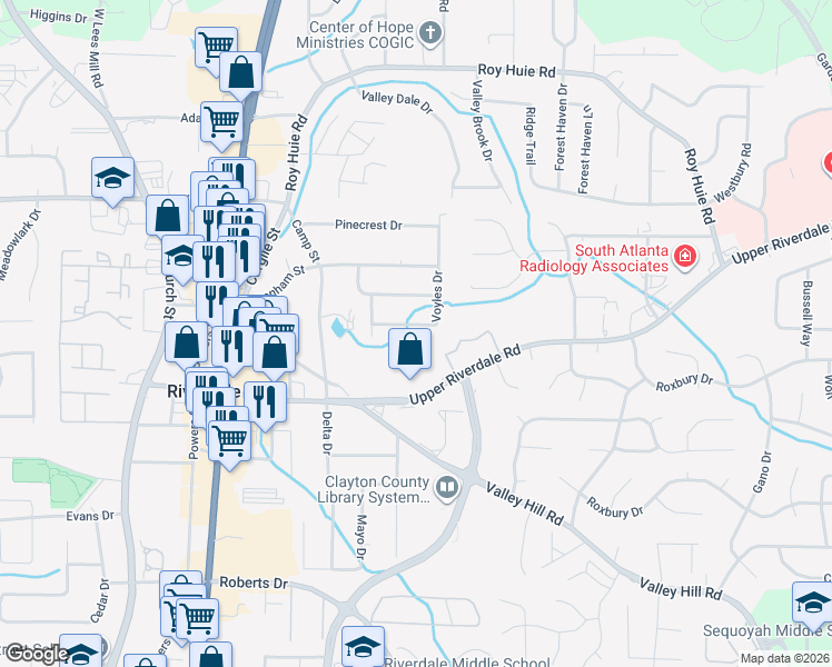 map of restaurants, bars, coffee shops, grocery stores, and more near 450 Voyles Dr in Riverdale