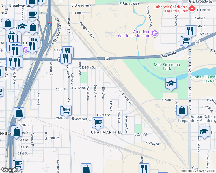 map of restaurants, bars, coffee shops, grocery stores, and more near 511 E 23rd St in Lubbock