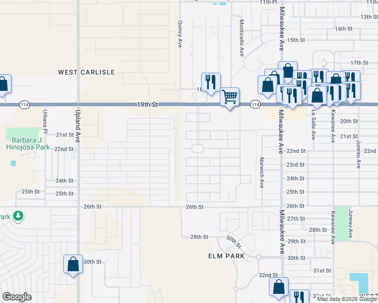 map of restaurants, bars, coffee shops, grocery stores, and more near Quincy Avenue in Lubbock