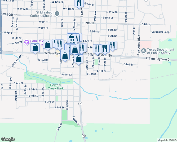 map of restaurants, bars, coffee shops, grocery stores, and more near 306 East 2nd Street in Bonham