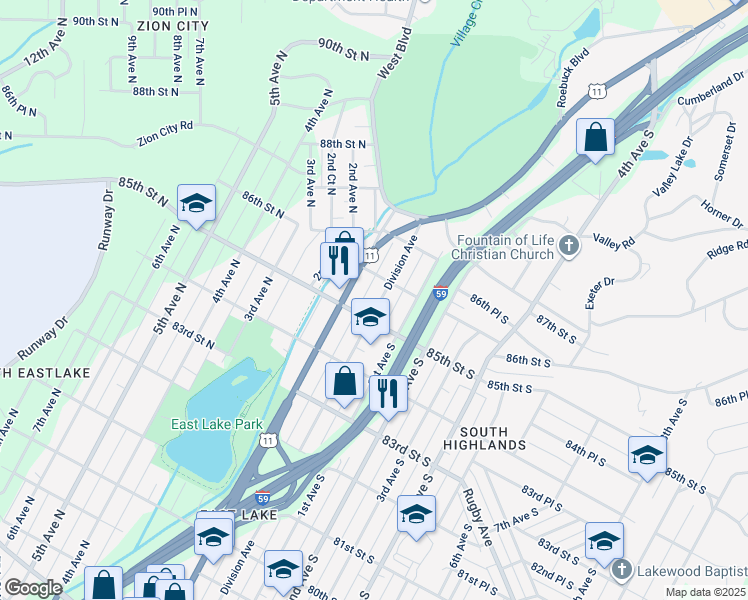 map of restaurants, bars, coffee shops, grocery stores, and more near 8516 Division Avenue in Birmingham