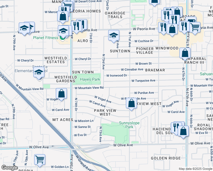 map of restaurants, bars, coffee shops, grocery stores, and more near 7246 W Mountain View Rd in Peoria