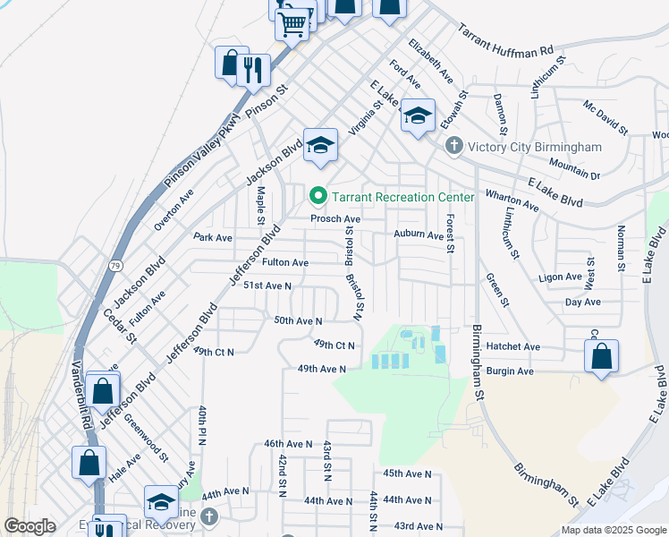 map of restaurants, bars, coffee shops, grocery stores, and more near 1389 Fulton Avenue in Birmingham