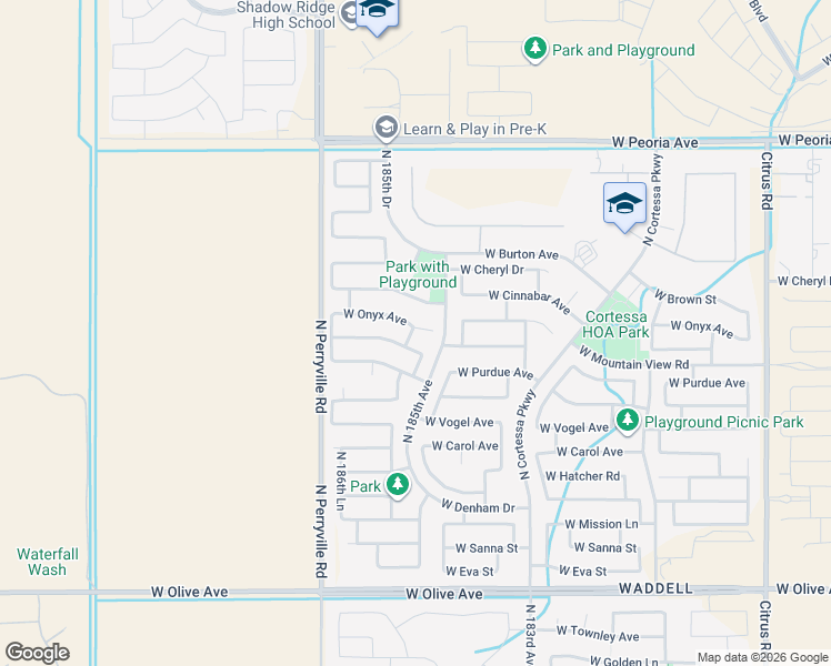 map of restaurants, bars, coffee shops, grocery stores, and more near 18519 West Onyx Avenue in Waddell