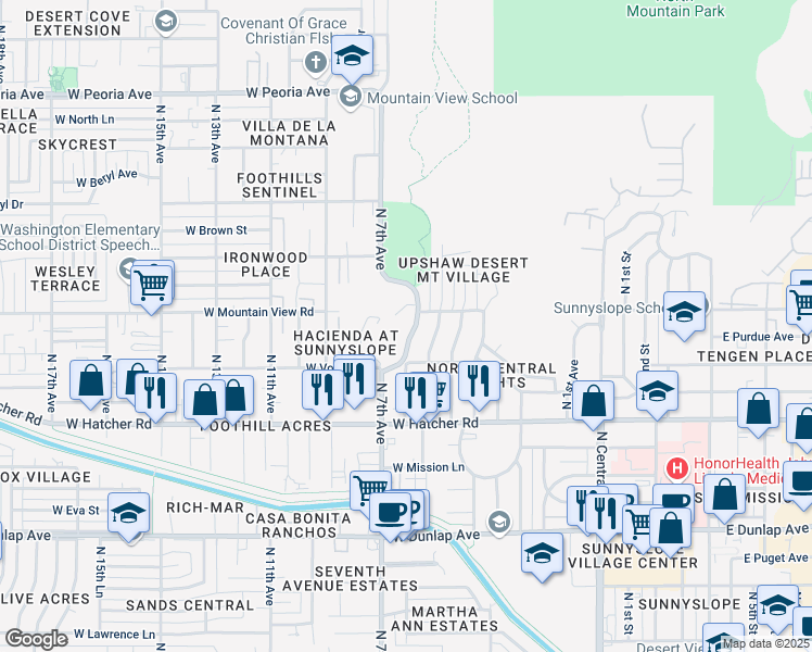map of restaurants, bars, coffee shops, grocery stores, and more near 9630 N 7th Ave in Phoenix