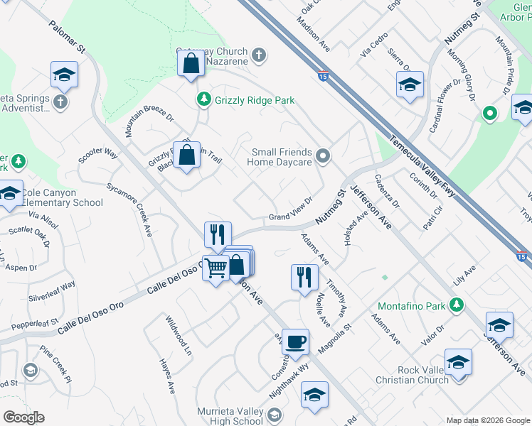 map of restaurants, bars, coffee shops, grocery stores, and more near 41679 Grand View Drive in Murrieta