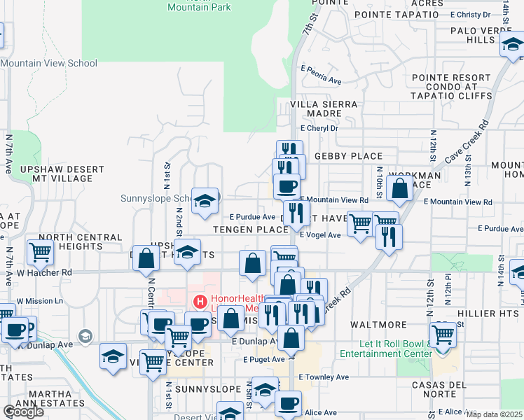 map of restaurants, bars, coffee shops, grocery stores, and more near 520 East Purdue Avenue in Phoenix
