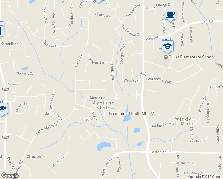 map of restaurants, bars, coffee shops, grocery stores, and more near 6613 Mark Trail in Riverdale
