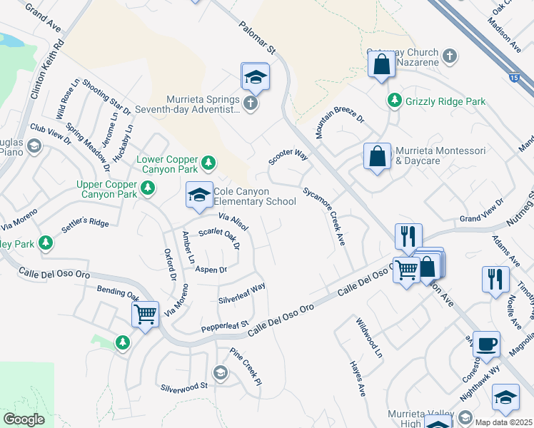 map of restaurants, bars, coffee shops, grocery stores, and more near 23458 Karen Place in Murrieta