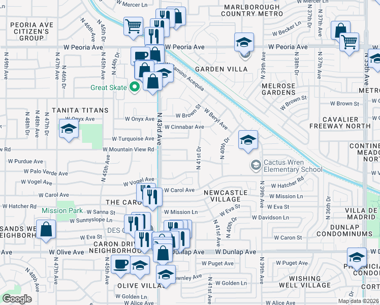 map of restaurants, bars, coffee shops, grocery stores, and more near 9643 North 42nd Avenue in Phoenix