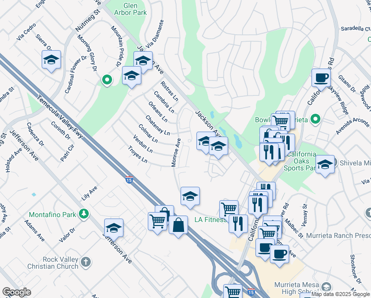 map of restaurants, bars, coffee shops, grocery stores, and more near 40914 Belleray Avenue in Murrieta