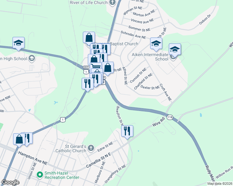 map of restaurants, bars, coffee shops, grocery stores, and more near 118 Brentwood Place Northeast in Aiken