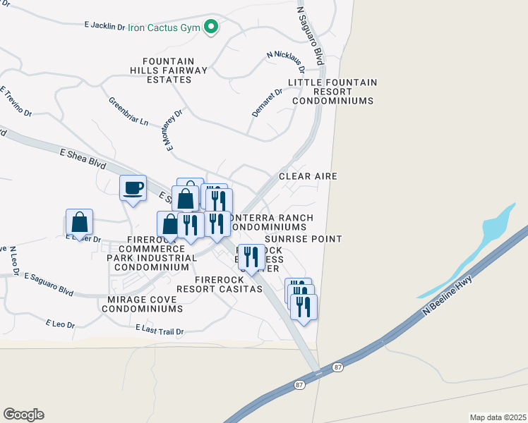 map of restaurants, bars, coffee shops, grocery stores, and more near 17120 East Hillcrest Drive in Fountain Hills