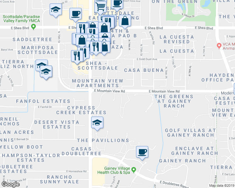 map of restaurants, bars, coffee shops, grocery stores, and more near 7375 East Gainey Ranch Road in Scottsdale