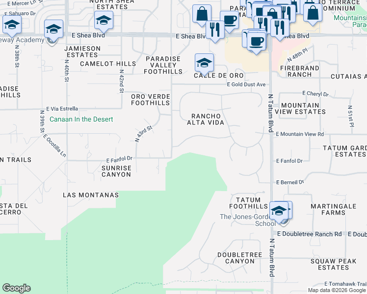 map of restaurants, bars, coffee shops, grocery stores, and more near 4417 East Mountain View Road in Phoenix