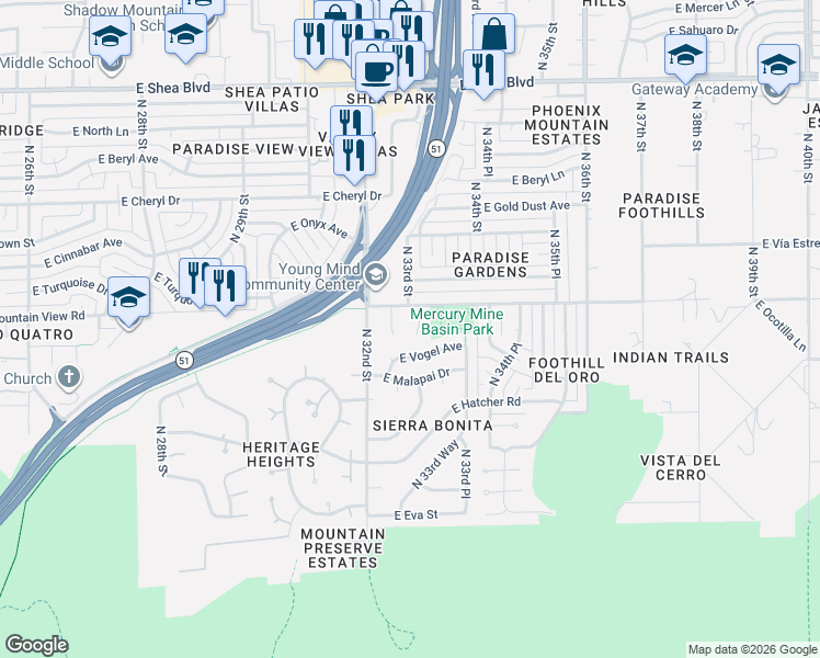 map of restaurants, bars, coffee shops, grocery stores, and more near 9600-9626 North 33rd Street in Phoenix