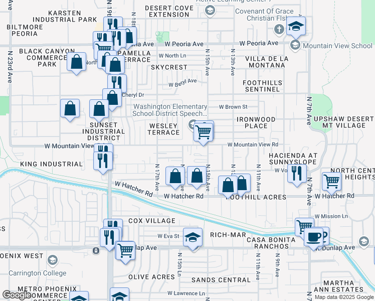 map of restaurants, bars, coffee shops, grocery stores, and more near 1601 West Mountain View Road in Phoenix