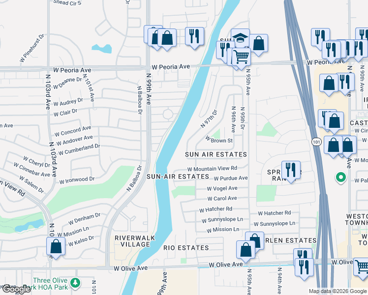 map of restaurants, bars, coffee shops, grocery stores, and more near 9919 North 97th Drive in Peoria