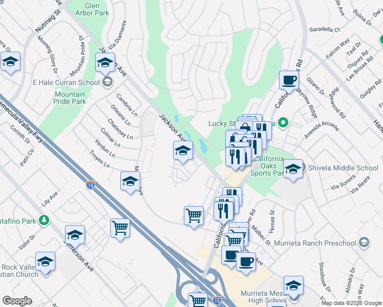 map of restaurants, bars, coffee shops, grocery stores, and more near 24323 Jackson Avenue in Murrieta