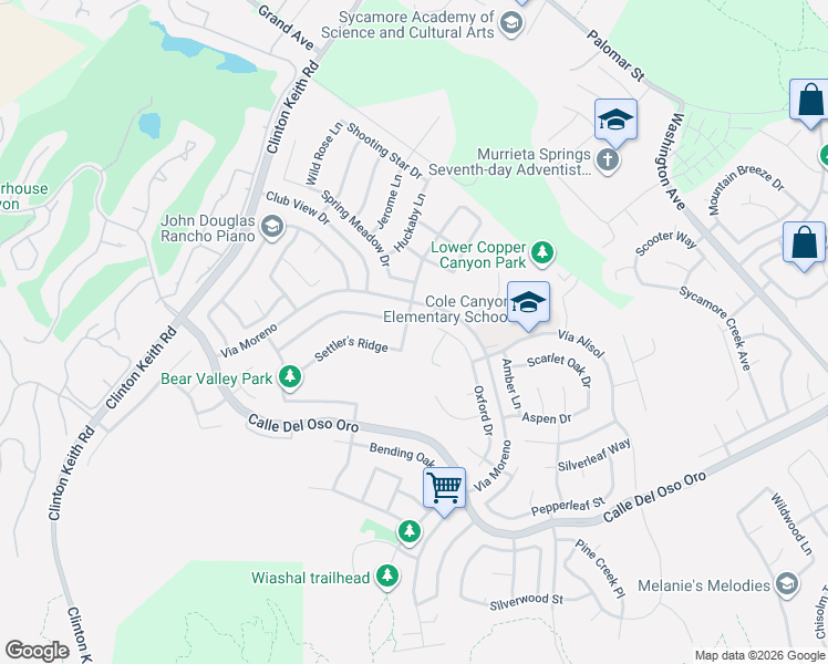 map of restaurants, bars, coffee shops, grocery stores, and more near 42696 Mountain Shadow Road in Murrieta