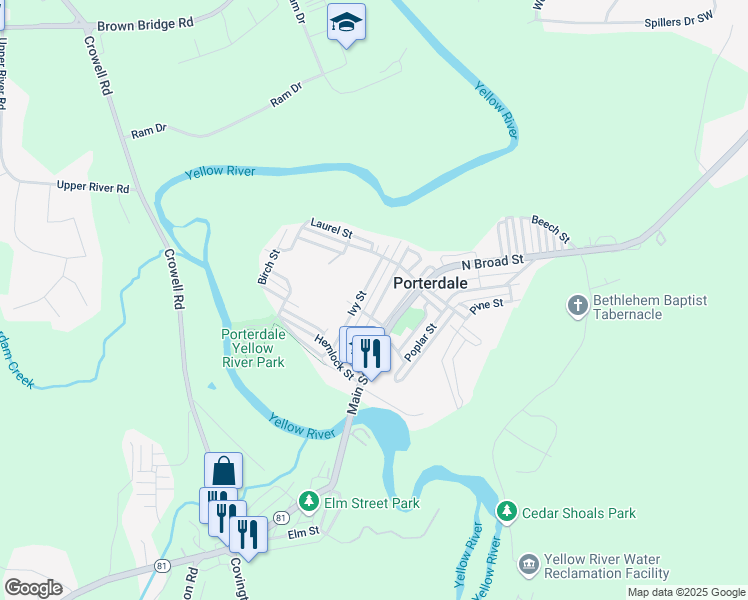 map of restaurants, bars, coffee shops, grocery stores, and more near 27 Hazel Street in Porterdale