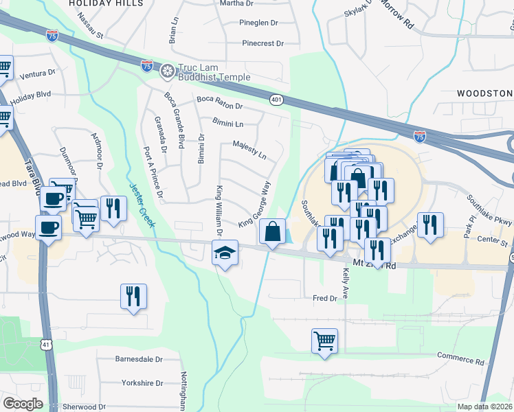 map of restaurants, bars, coffee shops, grocery stores, and more near 6593 King George Way in Morrow