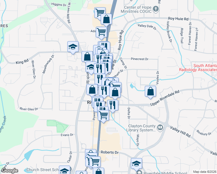 map of restaurants, bars, coffee shops, grocery stores, and more near 639 Lassiter Street in Riverdale