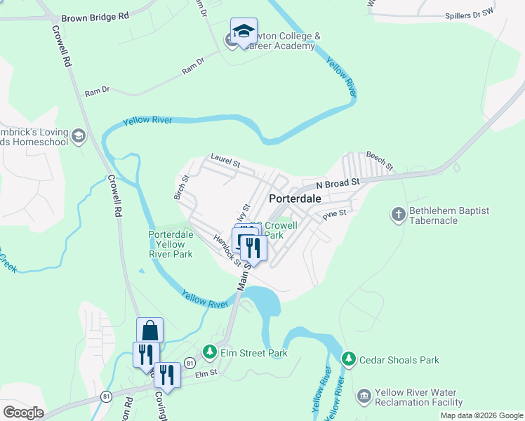 map of restaurants, bars, coffee shops, grocery stores, and more near 30 Ivy Street in Porterdale