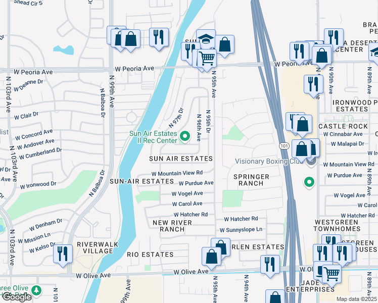 map of restaurants, bars, coffee shops, grocery stores, and more near 9614A West Cinnabar Avenue in Peoria