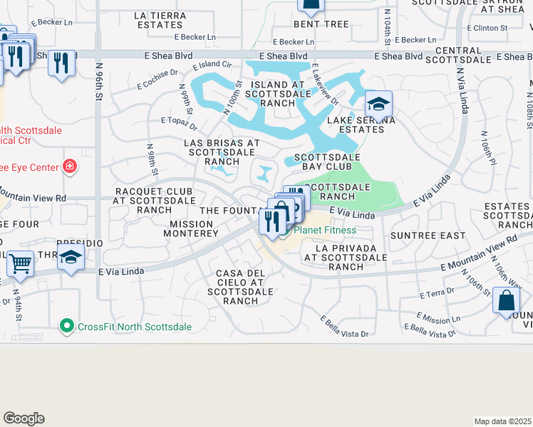 map of restaurants, bars, coffee shops, grocery stores, and more near 10055 East Mountaiiew Lake Drive in Scottsdale