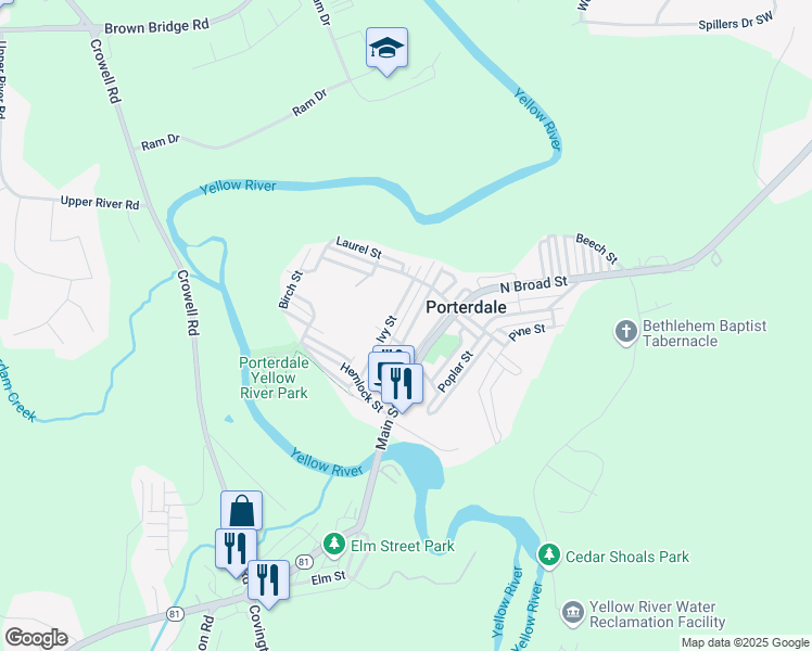 map of restaurants, bars, coffee shops, grocery stores, and more near 27 Hazel Street in Porterdale