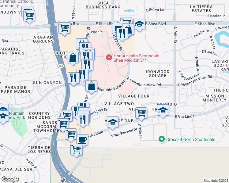 map of restaurants, bars, coffee shops, grocery stores, and more near 9787 North 91st Street in Scottsdale