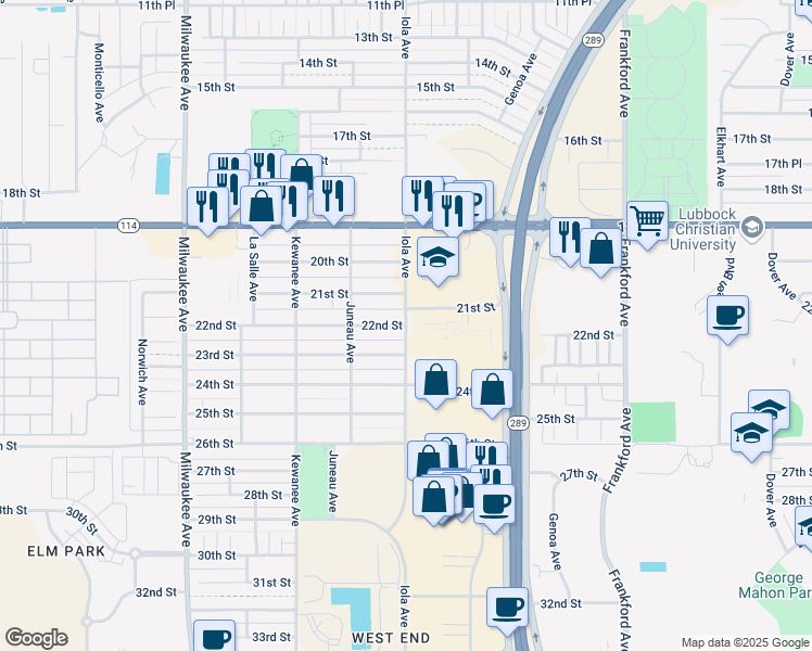 map of restaurants, bars, coffee shops, grocery stores, and more near 22nd Street in Lubbock