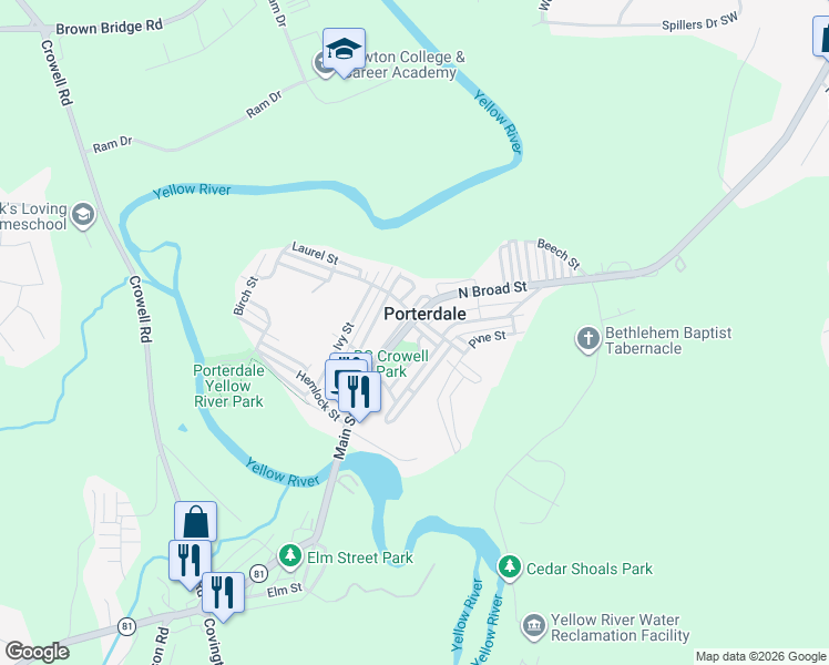 map of restaurants, bars, coffee shops, grocery stores, and more near 2 North Broad Street in Porterdale
