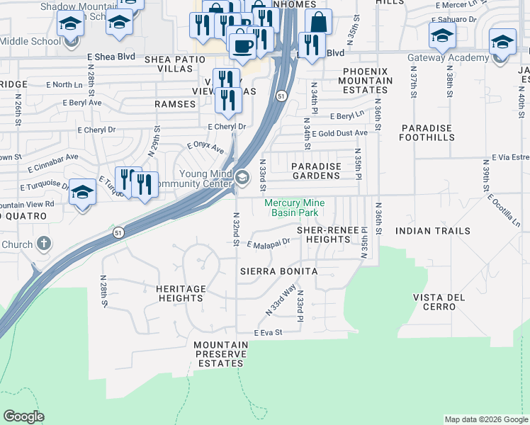 map of restaurants, bars, coffee shops, grocery stores, and more near 9632 North 33rd Street in Phoenix