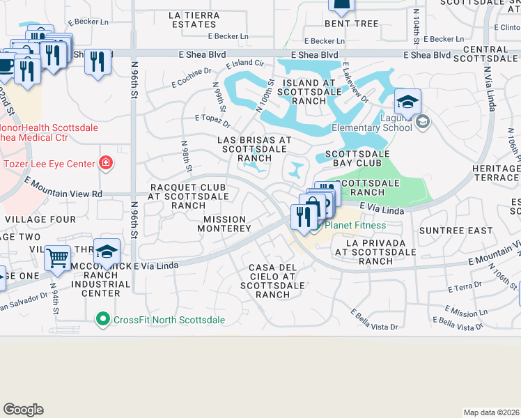 map of restaurants, bars, coffee shops, grocery stores, and more near 10019 East Mountain View Road in Scottsdale