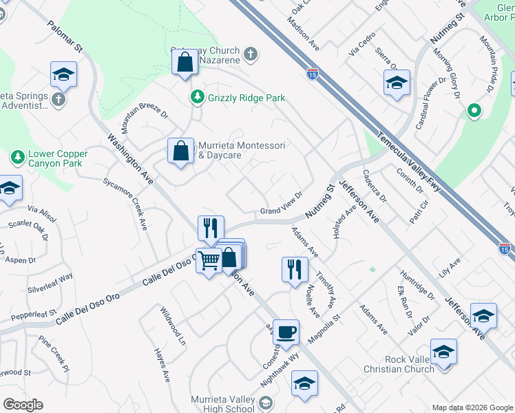 map of restaurants, bars, coffee shops, grocery stores, and more near 41679 Grand View Drive in Murrieta