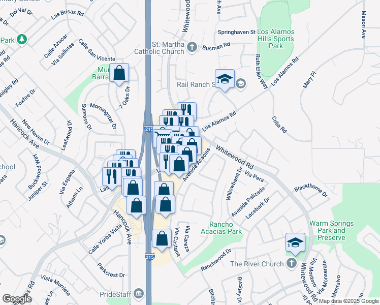 map of restaurants, bars, coffee shops, grocery stores, and more near 39566 Los Alamos Road in Murrieta