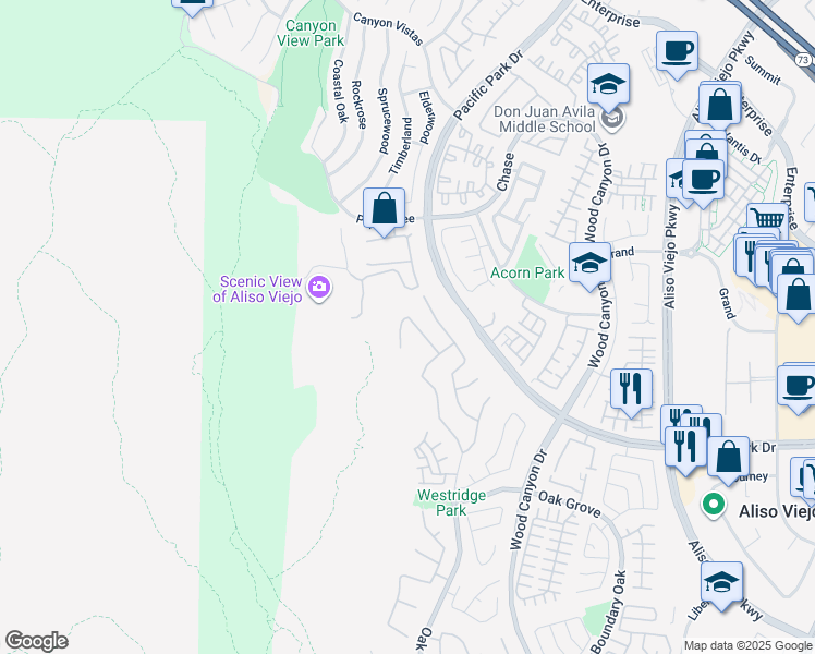 map of restaurants, bars, coffee shops, grocery stores, and more near 18 Fawnridge Place in Aliso Viejo