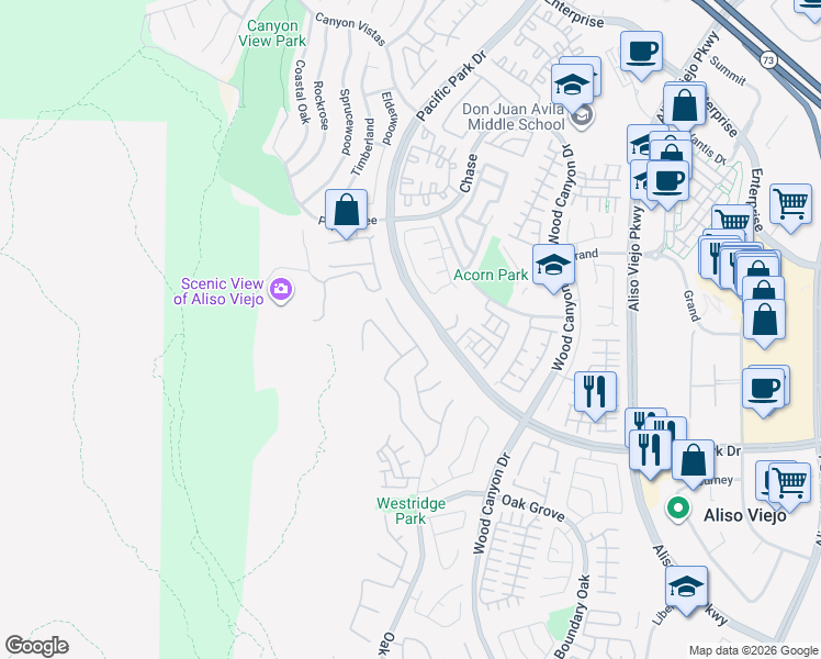 map of restaurants, bars, coffee shops, grocery stores, and more near 20 Groveside Drive in Aliso Viejo